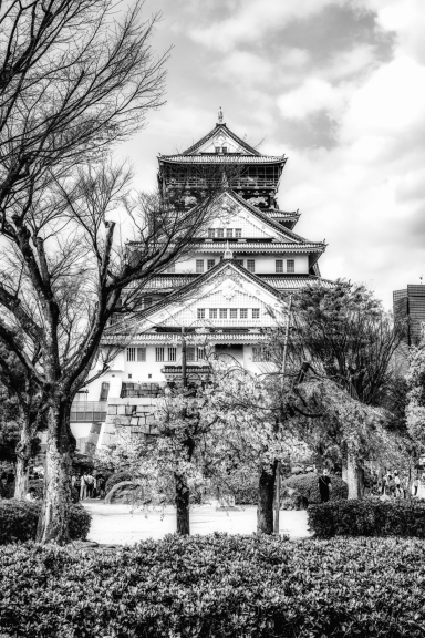 Historic castle surrounded by trees, set against a cloudy sky in black and white.